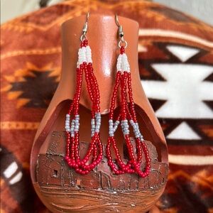 Red and White Beaded Earrings - Hand Beaded